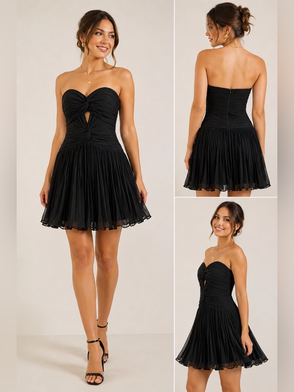 Y2K Black Strapless Ruched Chiffon Mini Dress Pleated Cocktail XS